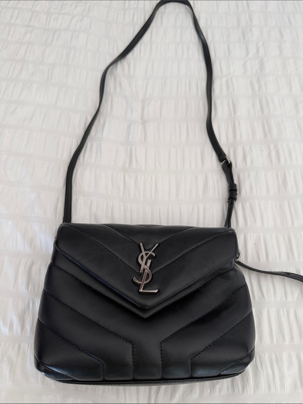 authentic Saint Laurent Black Quilted Leather Chevron Crossbody with YSL Logo